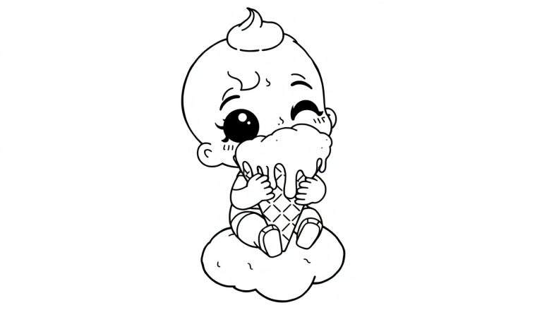 Placa de color de un bebé chibi en una nube comiendo un helado gigante.