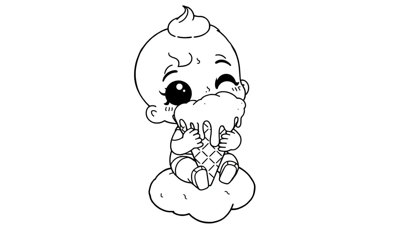 Placa de color de un bebé chibi en una nube comiendo un helado gigante.