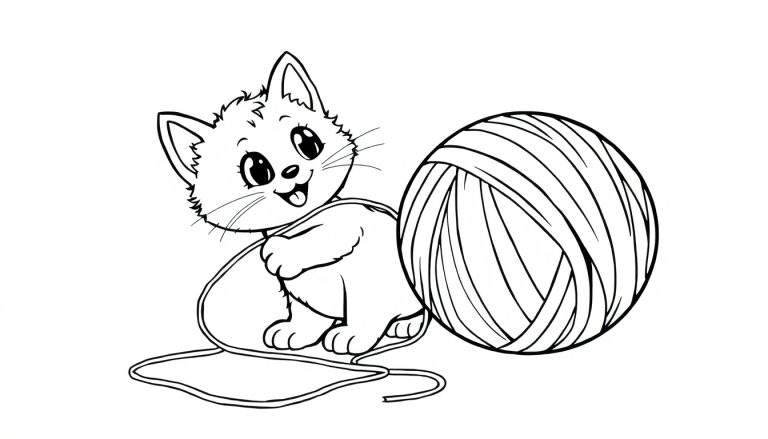 Bella la gatita feliz jugando con una bola de lana, una placa de color para colorear.