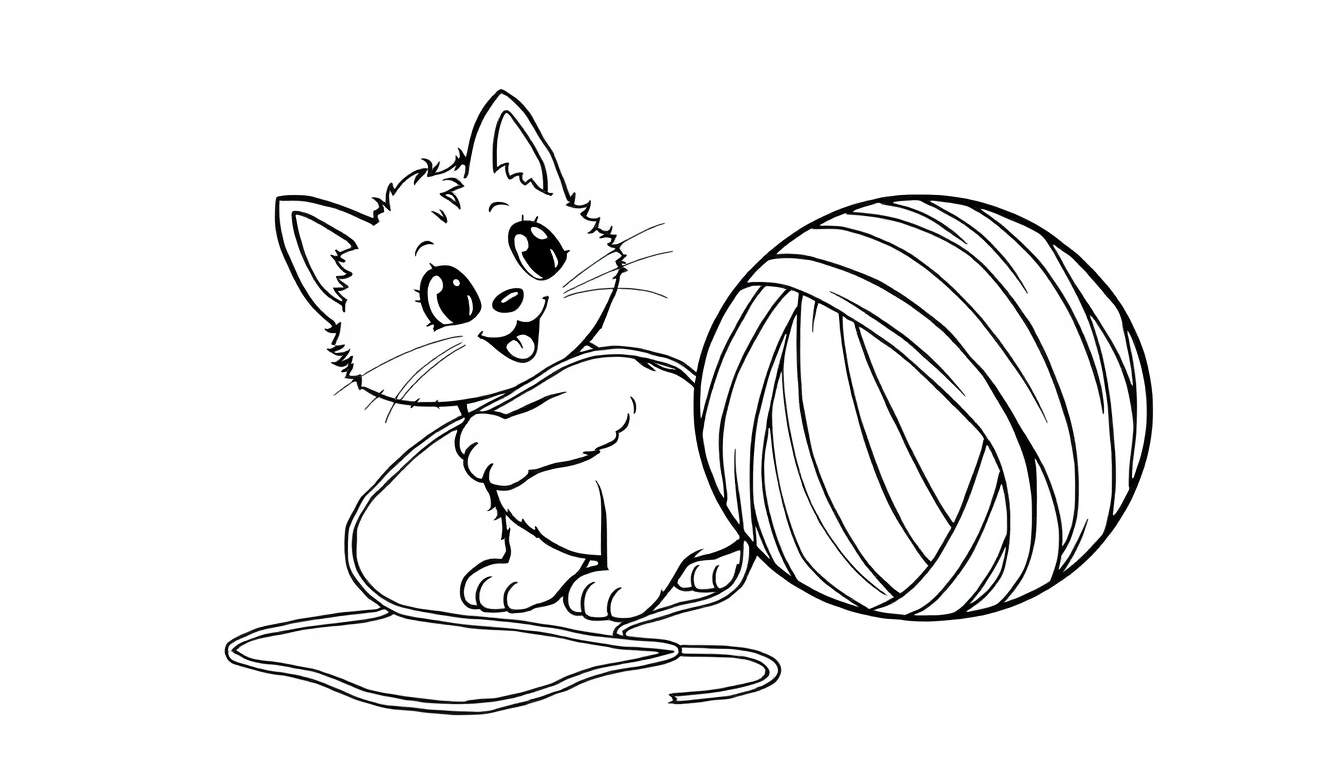 Bella la gatita feliz jugando con una bola de lana, una placa de color para colorear.
