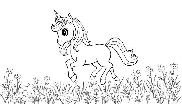 Placa de color de un unicornio caricaturesco caminando entre flores.