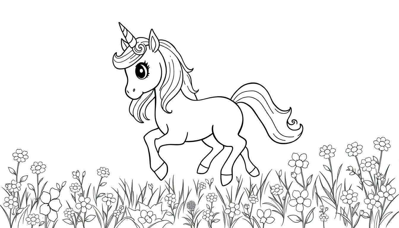 Placa de color de un unicornio caricaturesco caminando entre flores.