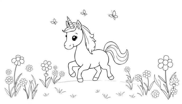 Placa de color de un unicornio con melena y cola onduladas, parado en un montículo floral con mariposas.