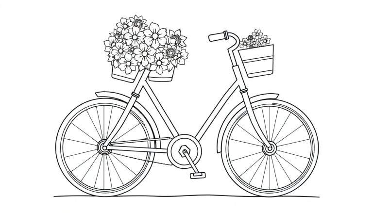 Una bicicleta de dibujo lineal con cestas llenas de flores, lista para colorear. Placa de color.
