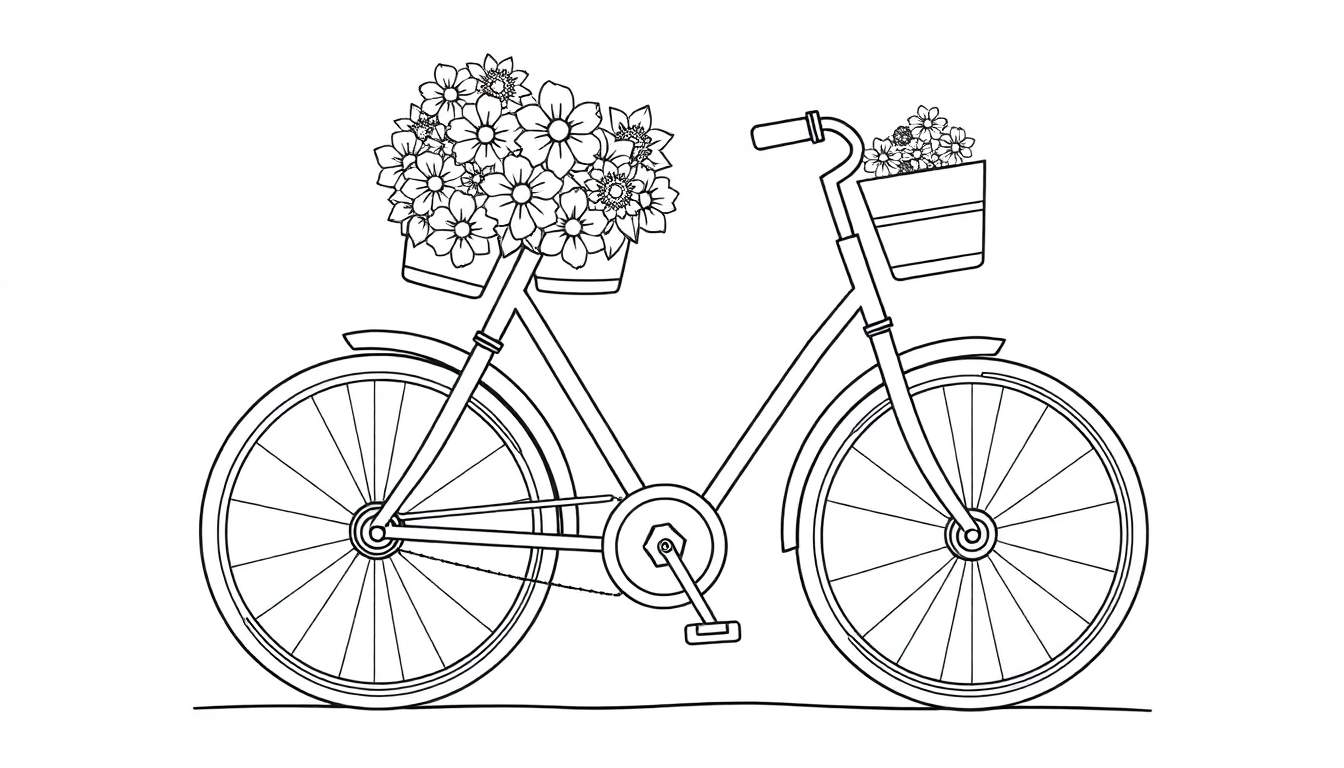 Una bicicleta de dibujo lineal con cestas llenas de flores, lista para colorear. Placa de color.