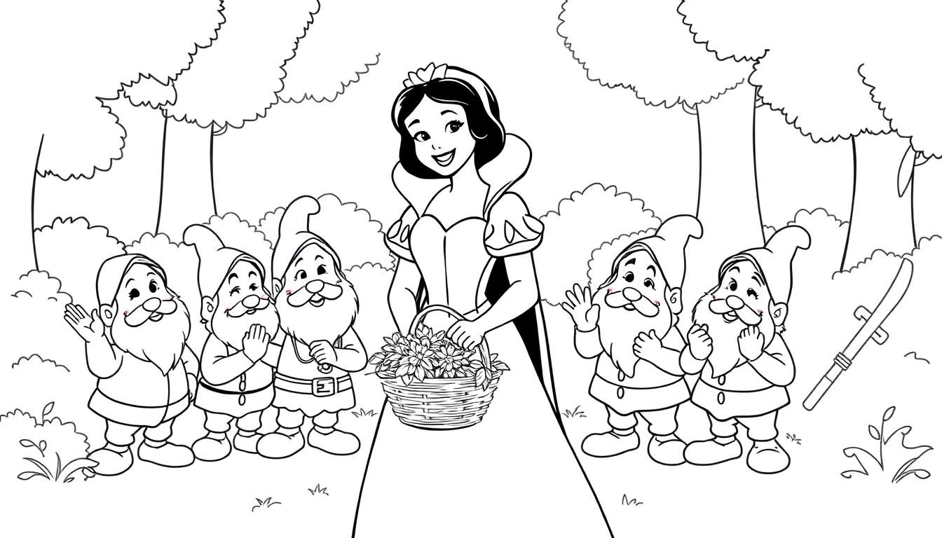Blancanieves y los siete enanitos sonriendo en un bosque, una placa para colorear.