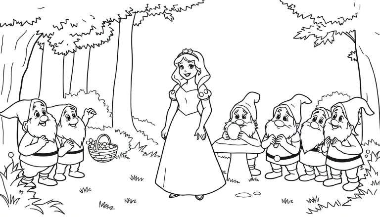 Placa de color de Blancanieves y los siete enanitos en el bosque.