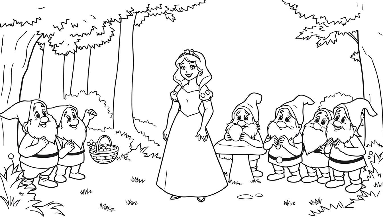 Placa de color de Blancanieves y los siete enanitos en el bosque.