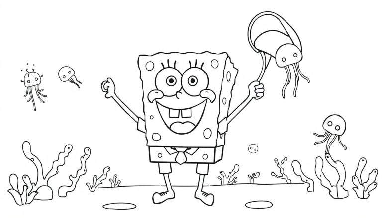 Bob Esponja sonriendo y sosteniendo una red con una medusa en ella, rodeado de más medusas y flora marina, en una placa de color en blanco y negro.