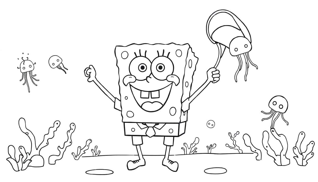 Bob Esponja sonriendo y sosteniendo una red con una medusa en ella, rodeado de más medusas y flora marina, en una placa de color en blanco y negro.