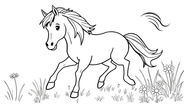 Placa de color de un caballo trotando en un campo de flores.