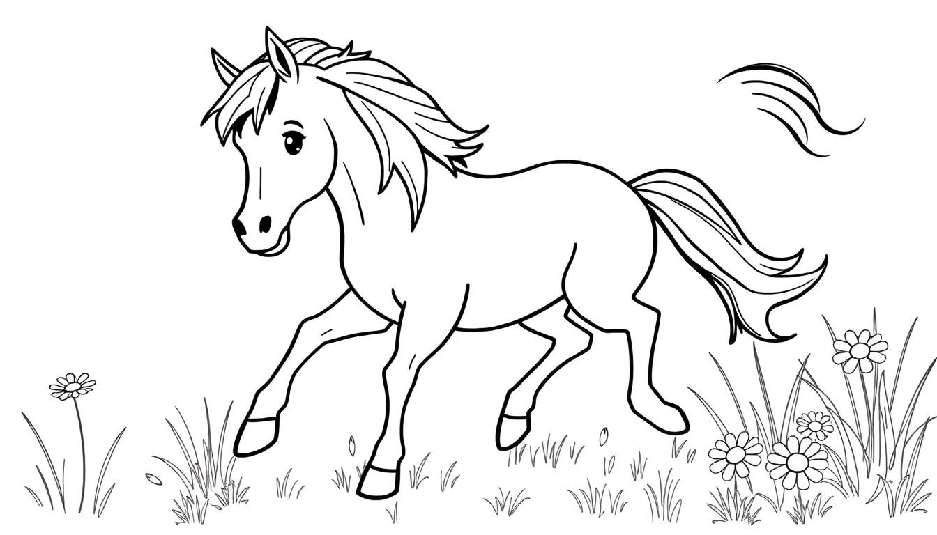Placa de color de un caballo trotando en un campo de flores.