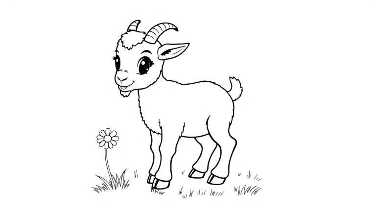 Una cabrita bebé sonriendo en un prado, lista para ser coloreada, como una placa de color.