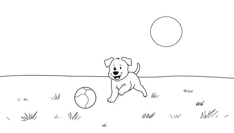 Un cachorrito sonriente jugando con una pelota en un campo verde, listo para colorear en una placa de color.