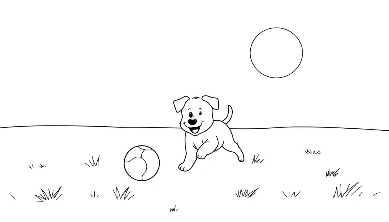Un cachorrito sonriente jugando con una pelota en un campo verde, listo para colorear en una placa de color.