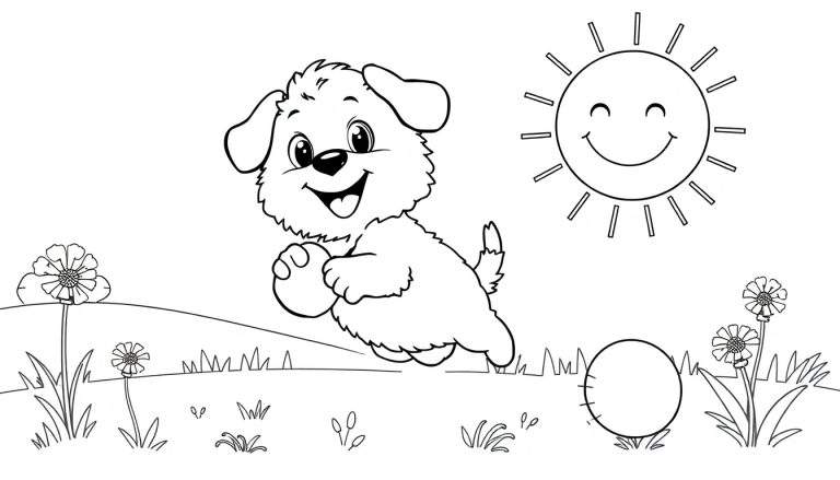 Placa de color de un cachorro sonriente jugando con una pelota bajo el sol.