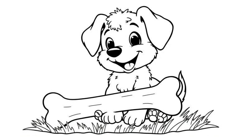 Placa de color para colorear de un cachorro adorable con un hueso.