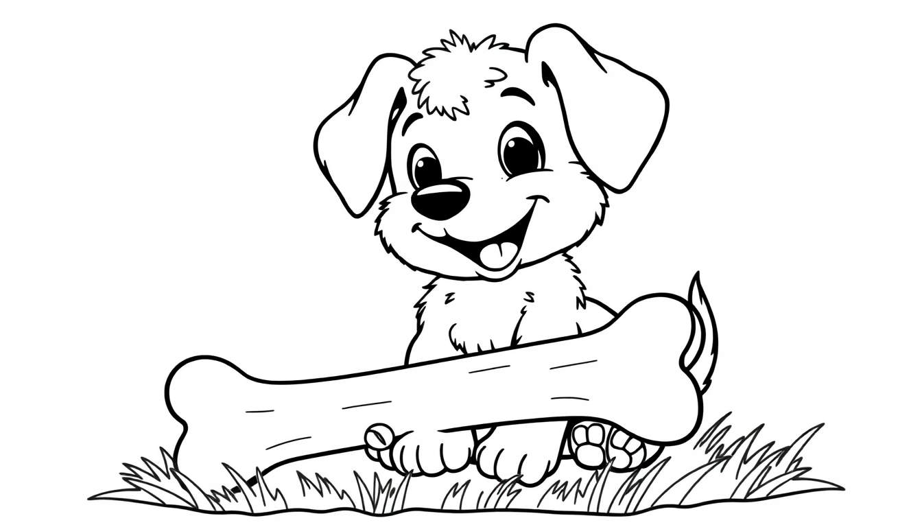 Placa de color para colorear de un cachorro adorable con un hueso.