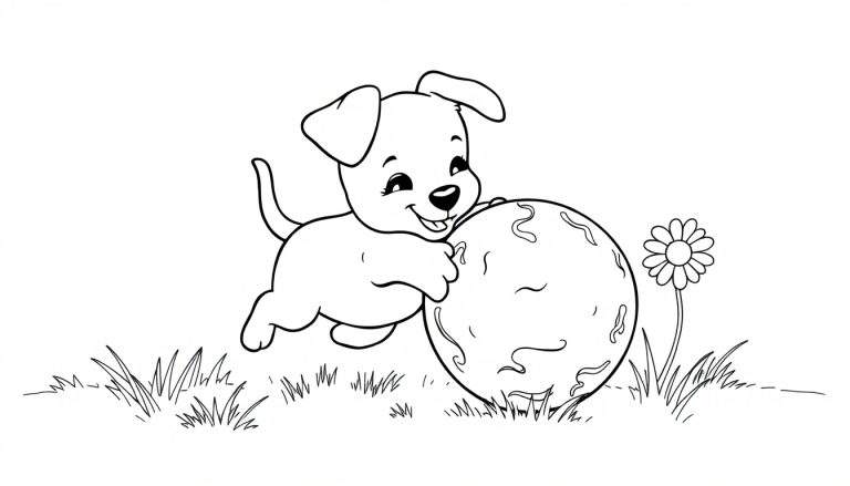Placa de color de un cachorro feliz jugando con una pelota en un jardín.