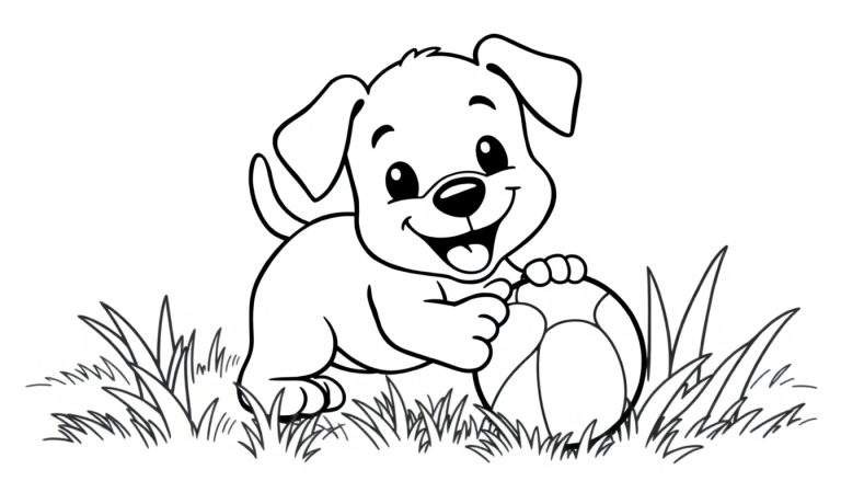 Una placa de color de un cachorro juguetón con una pelota.