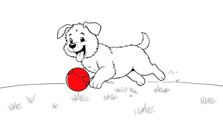Placa de color de un cachorro feliz jugando con una pelota roja en el césped.