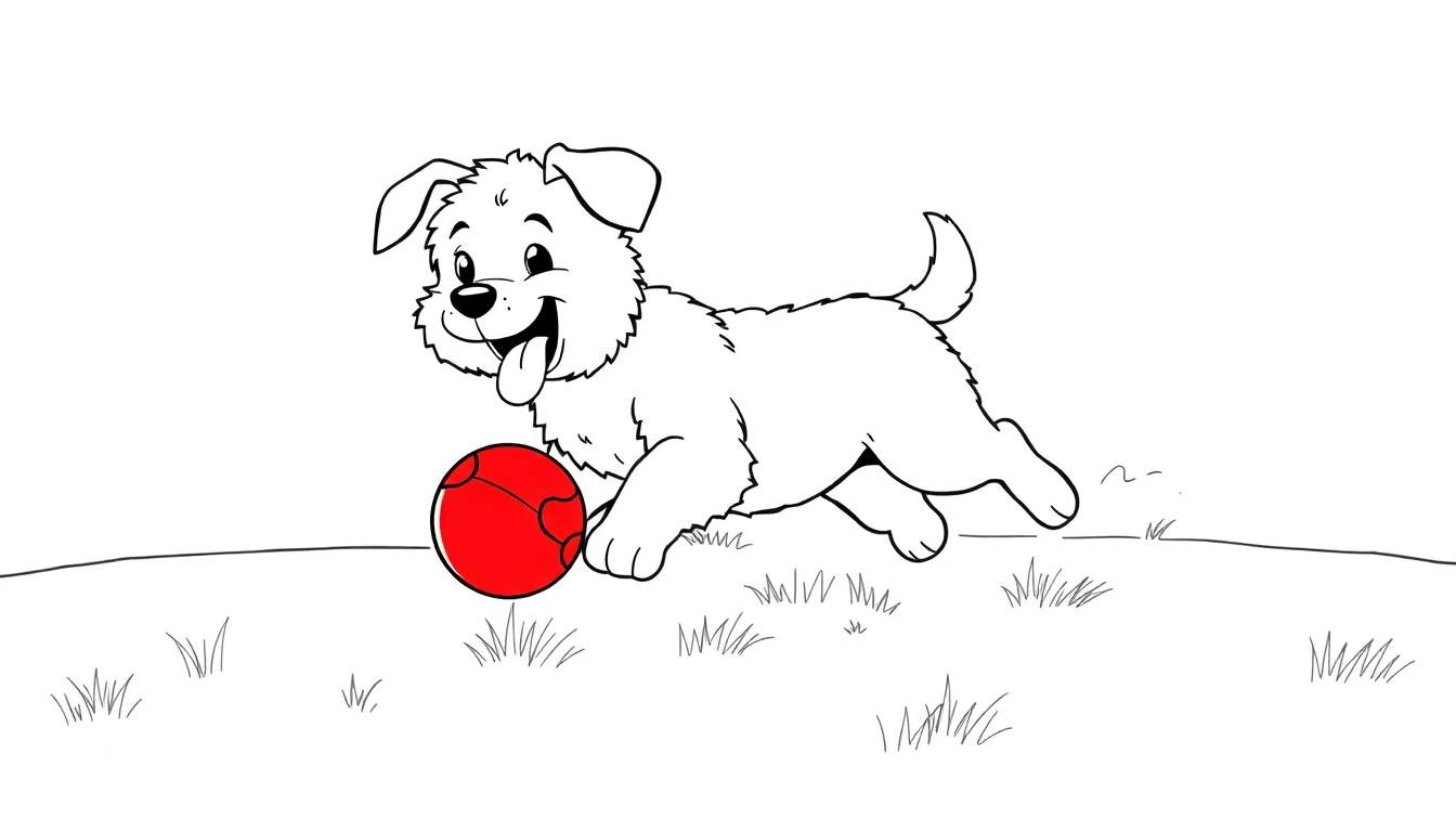 Placa de color de un cachorro feliz jugando con una pelota roja en el césped.