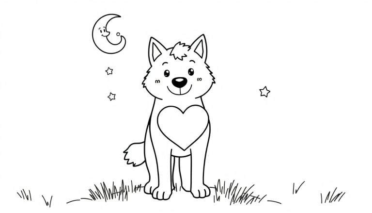 Placa de color: cachorro adorable con un corazón en el pecho bajo la luna y las estrellas.