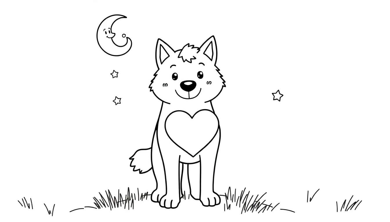 Placa de color: cachorro adorable con un corazón en el pecho bajo la luna y las estrellas.