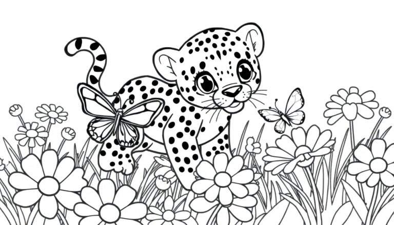 Placa de color de un cachorro de leopardo en un campo de flores con mariposas.