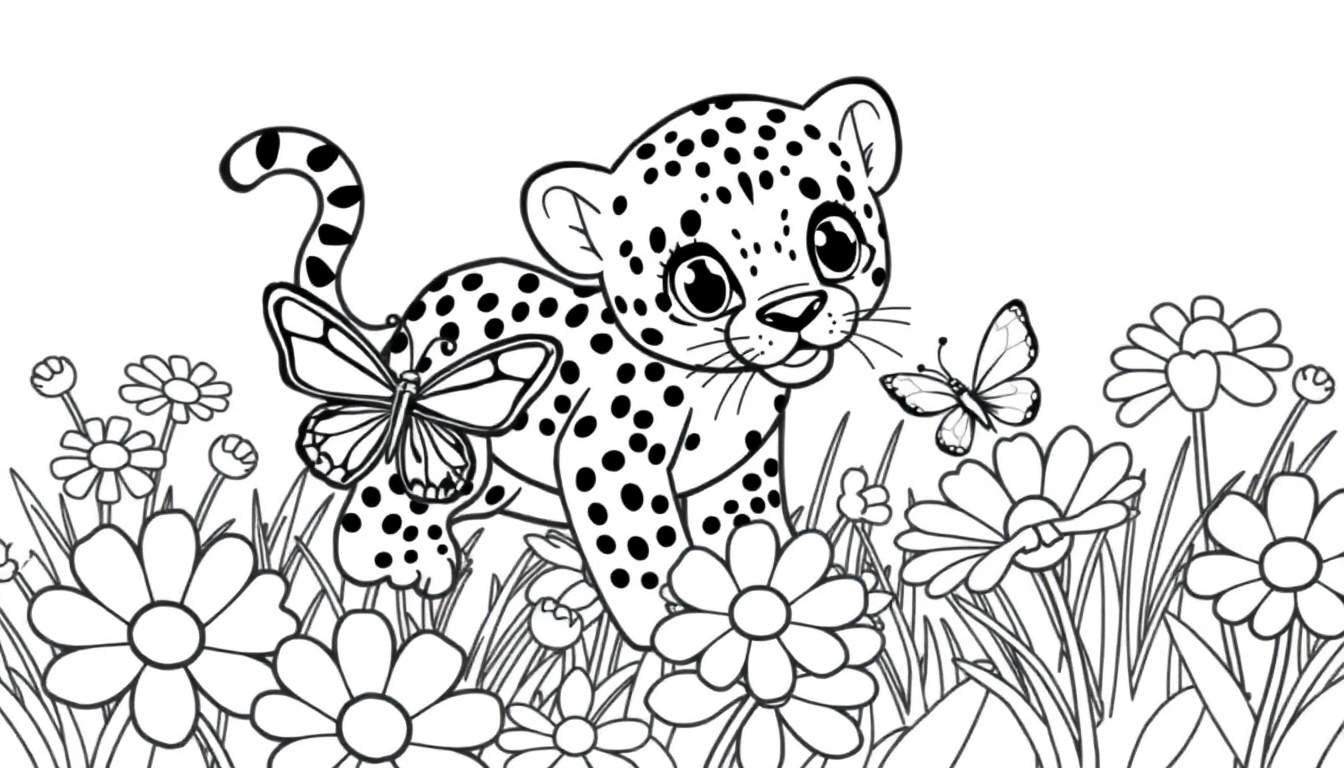 Placa de color de un cachorro de leopardo en un campo de flores con mariposas.