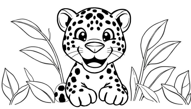 Placa de color de un cachorro de leopardo sonriente con hojas.