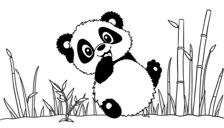 Placa de color de un adorable cachorro de panda saludando entre bambú.