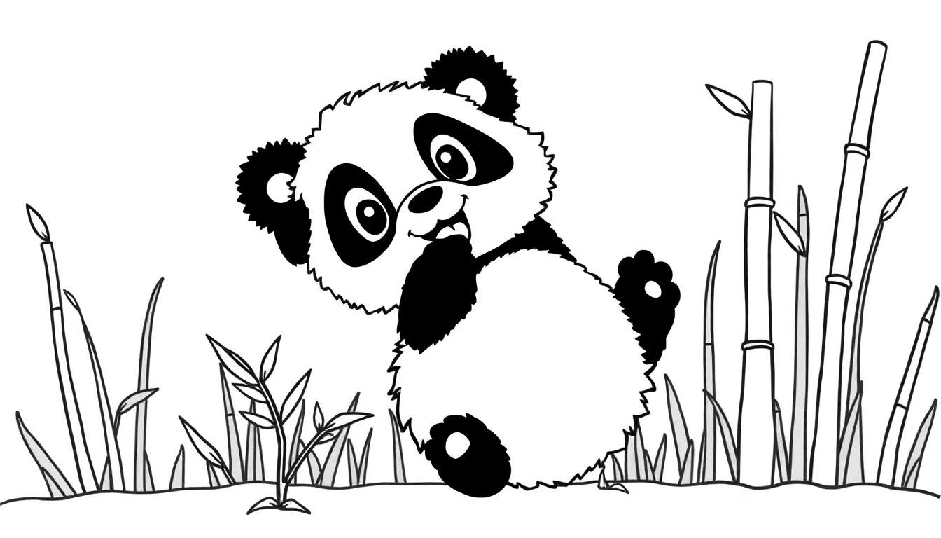 Placa de color de un adorable cachorro de panda saludando entre bambú.