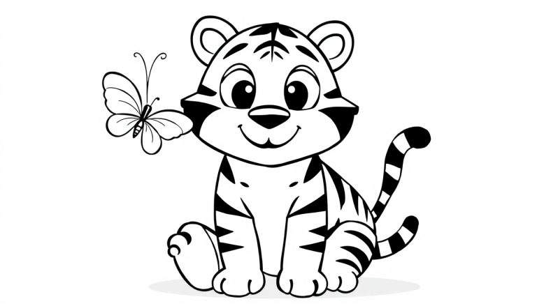 Una placa de color de un tierno cachorro de tigre con una mariposa en su cara.