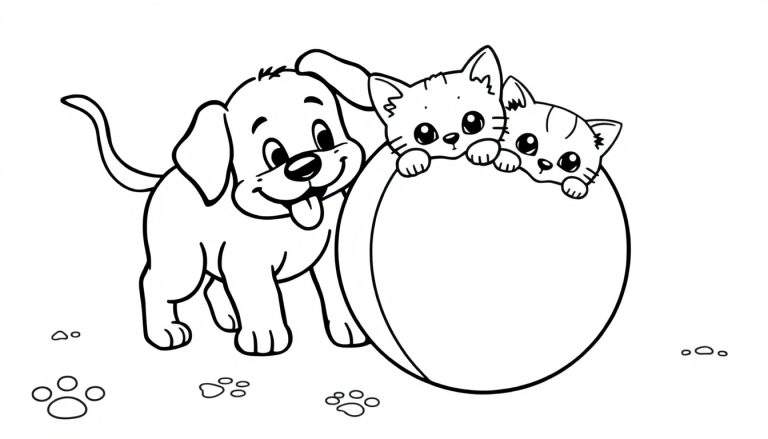 Placa de color de un cachorro amigable y dos gatitos curiosos.