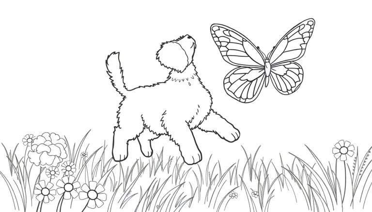 Placa de color de un cachorro juguetón persiguiendo una mariposa.