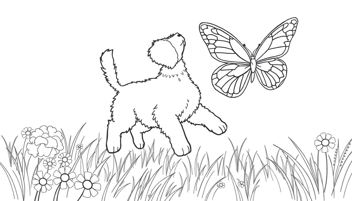 Placa de color de un cachorro juguetón persiguiendo una mariposa.