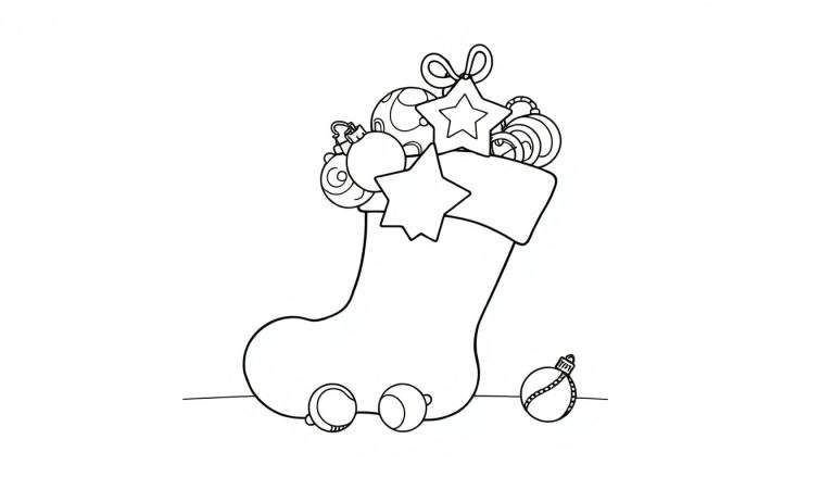 Dibujo de un calcetín navideño con adornos para colorear, placa de color.