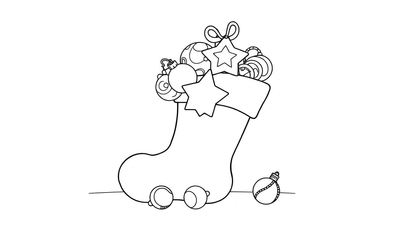 Dibujo de un calcetín navideño con adornos para colorear, placa de color.