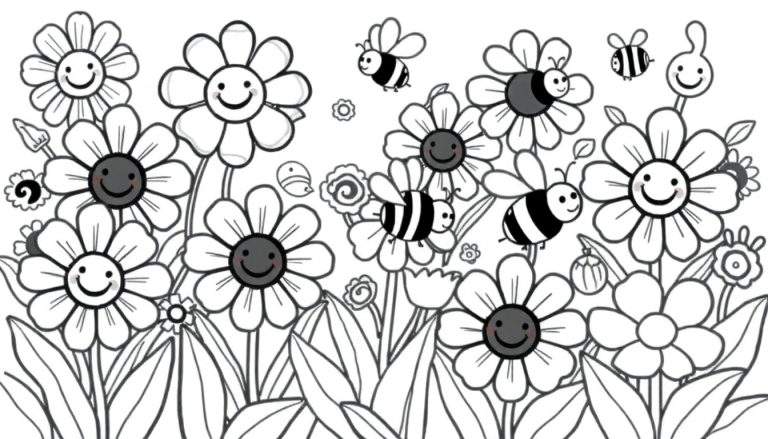 Placa de color de un campo de flores sonrientes con abejas.
