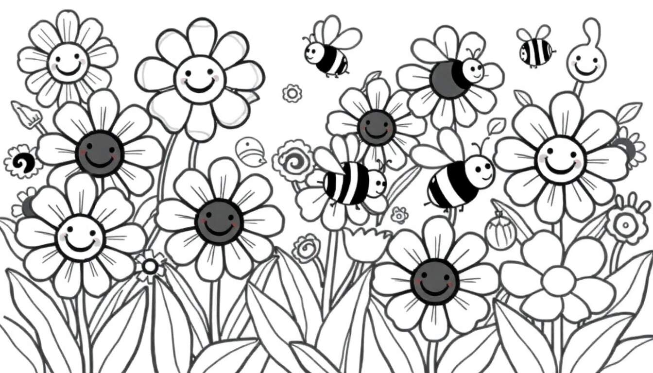 Placa de color de un campo de flores sonrientes con abejas.