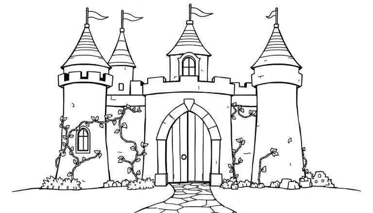 Una placa de color con un castillo de cuento de hadas delineado en negro sobre fondo blanco.