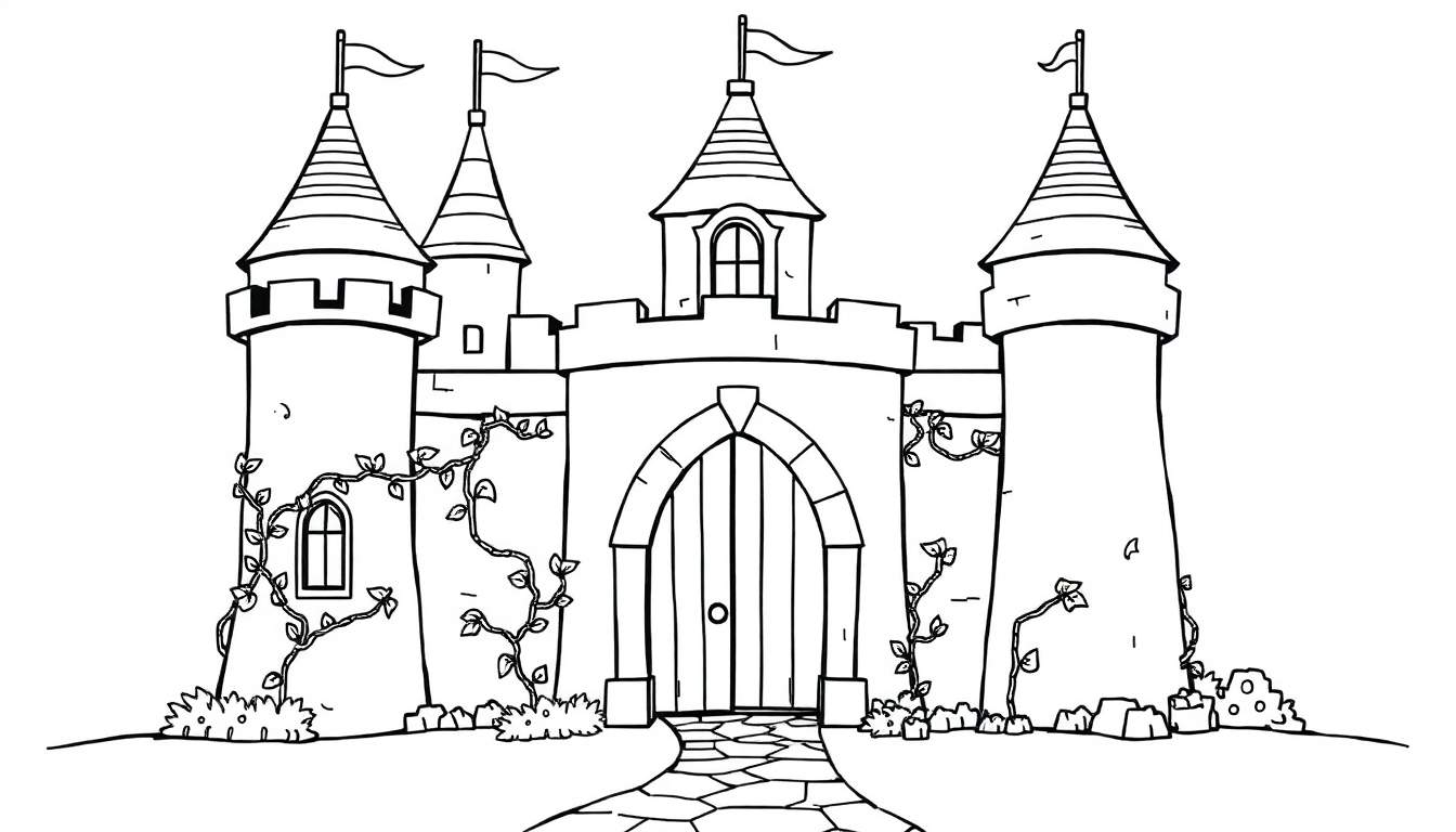 Una placa de color con un castillo de cuento de hadas delineado en negro sobre fondo blanco.