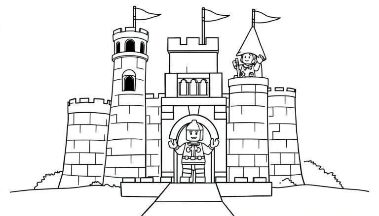 Placa de color de un castillo de Lego con figuras y banderas.