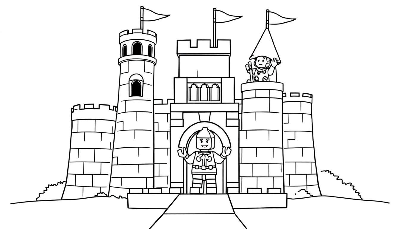 Placa de color de un castillo de Lego con figuras y banderas.