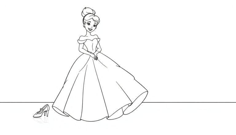 Cenicienta, una ilustración en blanco y negro, con un vestido de gala y una zapatilla de cristal tirada en el suelo, lista para ser coloreada en una placa de color.