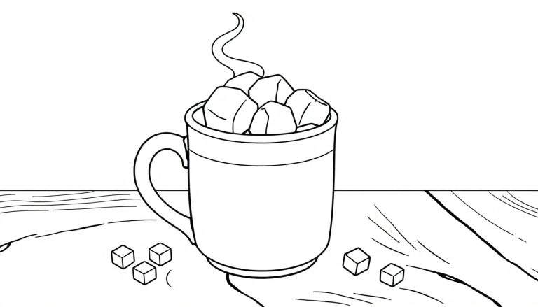 Dibujo de una taza humeante con malvaviscos para colorear, parte de una placa de color.