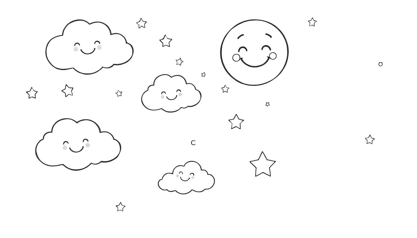 Placa de color de un dibujo para colorear con nubes sonrientes, estrellas y una luna feliz.