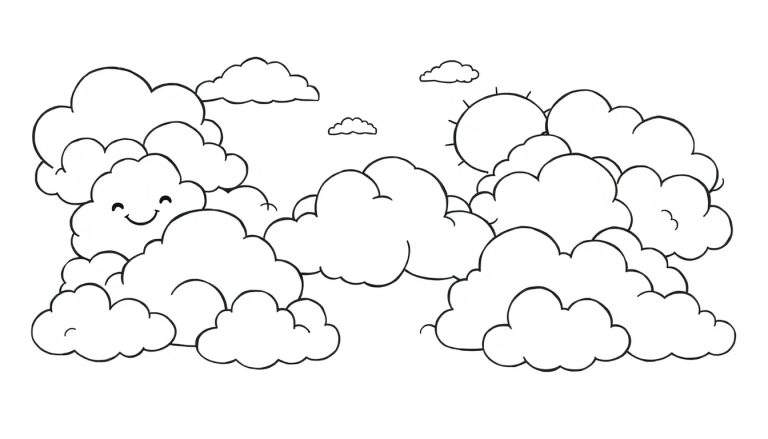 Placa de color de un cielo con nubes sonrientes y el sol.