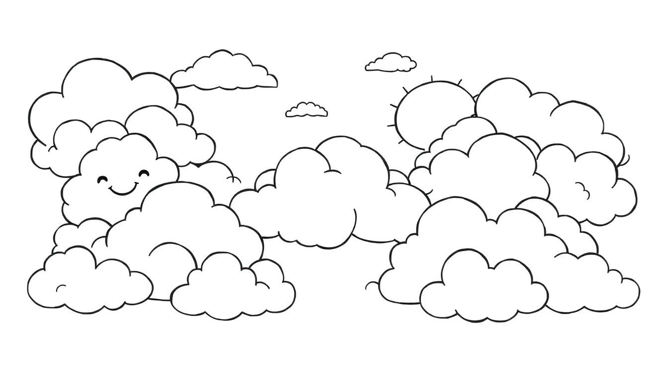 Placa de color de un cielo con nubes sonrientes y el sol.